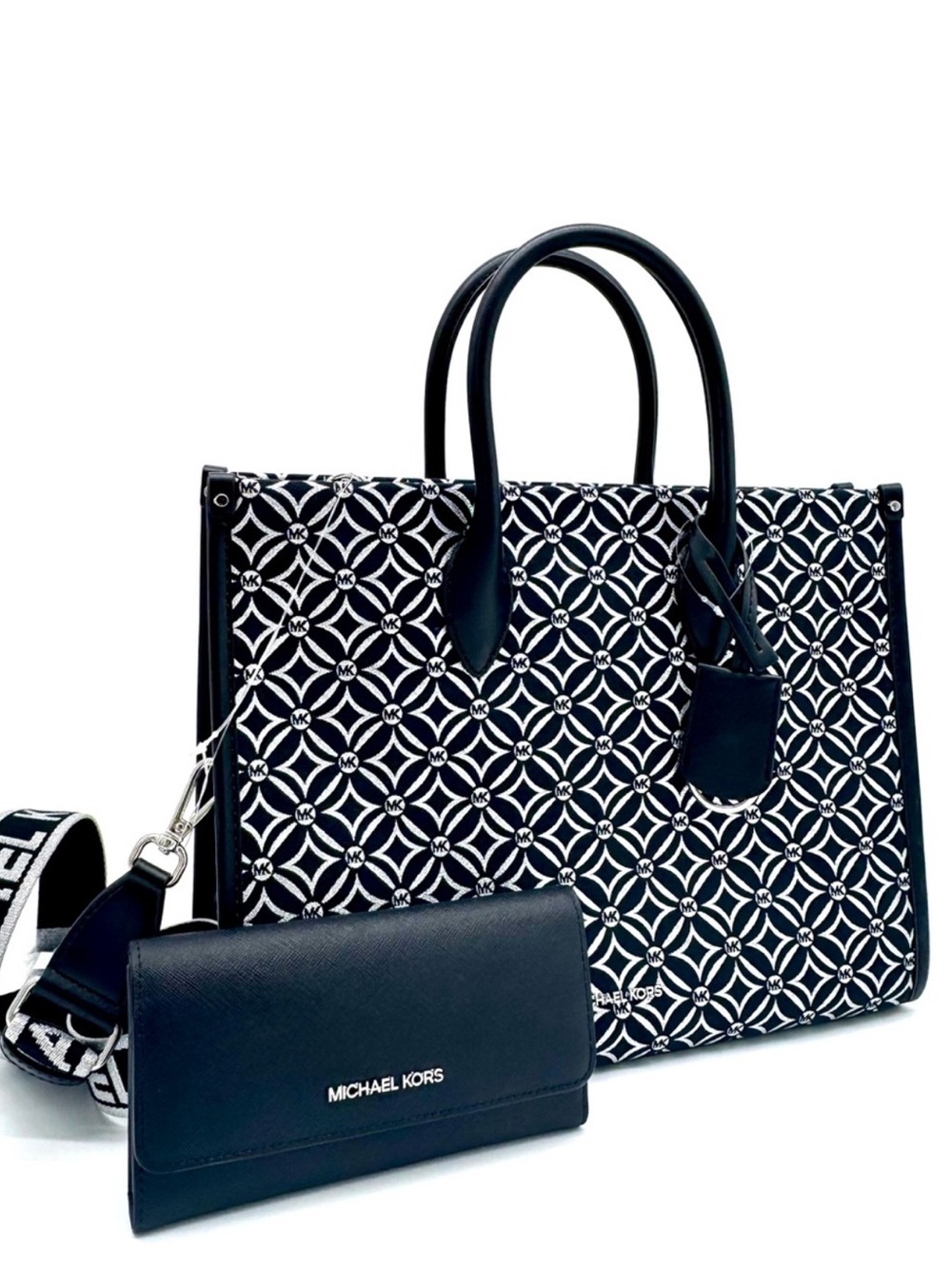 Michael Kors Medium Mirella Tote Bag & Large Trifold Wallet - Black /Silver